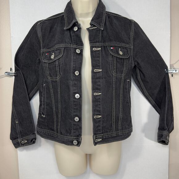 Y2K Tommy Hilfiger Dark Wash Denim Jacket Women’s Small Contrast Stitching - Picture 1 of 16